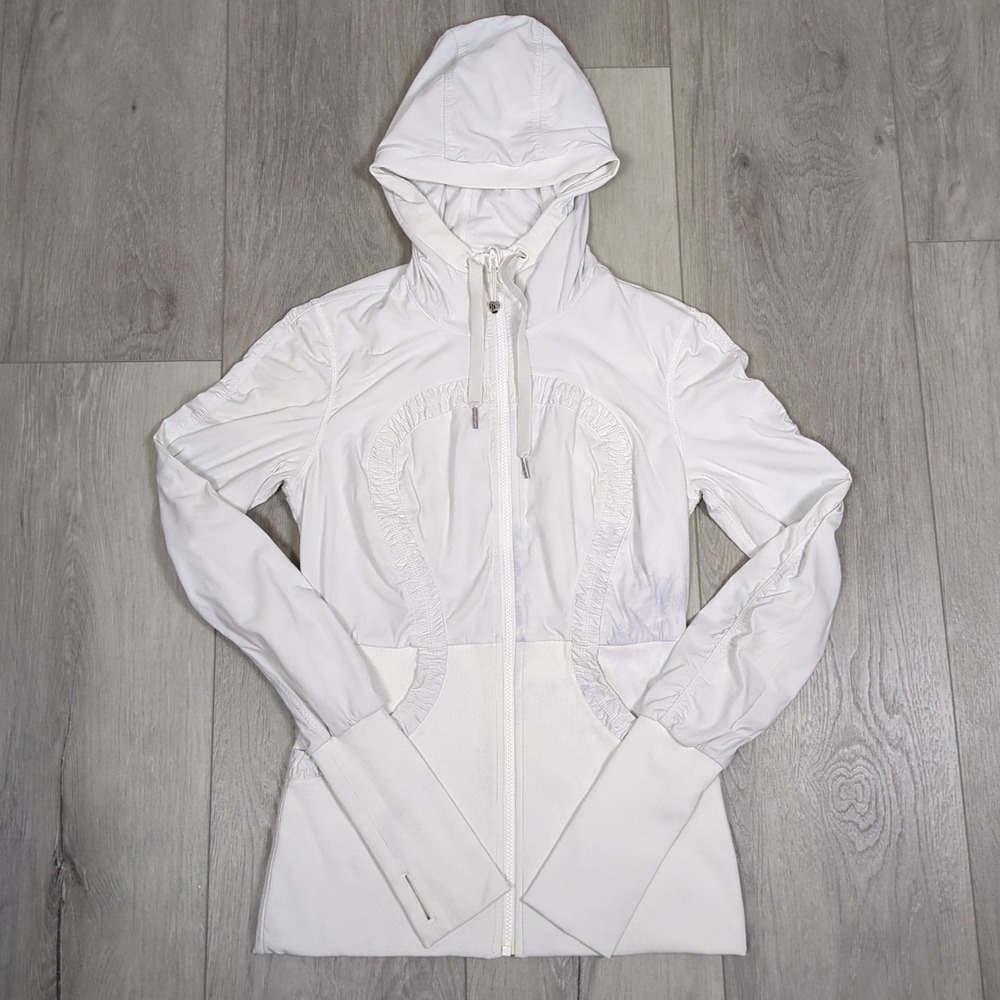 Lululemon Dance Studio Jacket Womens 8 White Hooded Full Zip Thumb Holes Pockets
